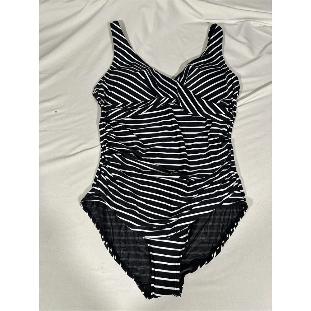 NWT $120 Sea Level [ 12 US ] Stripe Cross Front One-Piece Swimsuit in Black 7017